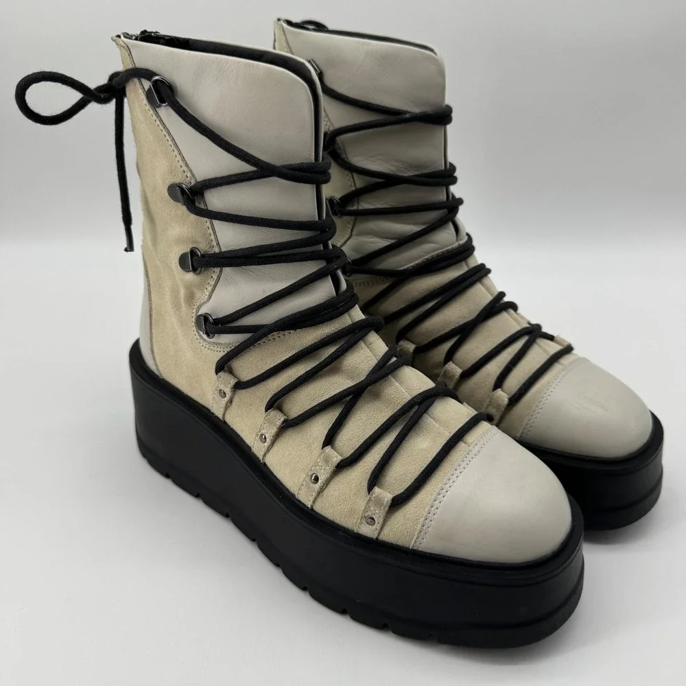Free People Simone Platform Combat Boots 38 Cream Leather Suede Zip Up Alt Goth